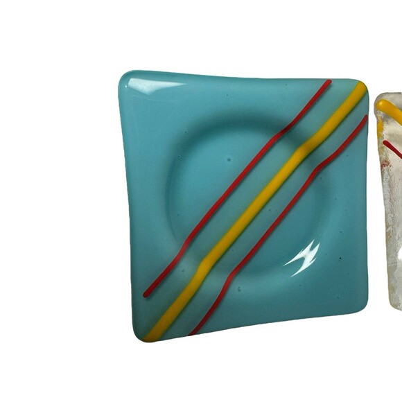 4 Art Glass Fused Artisan Coasters Blue Yellow Red  Trinket bowl Decor Vintage - Picture 11 of 16